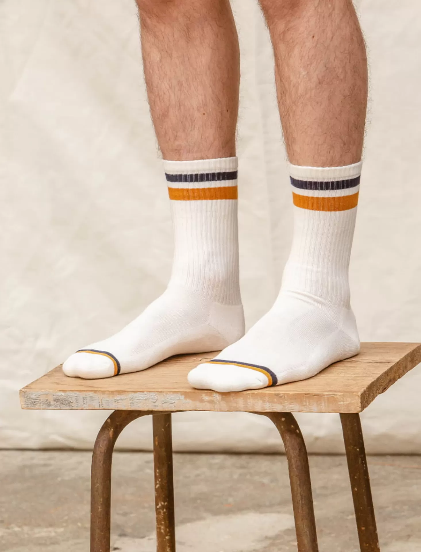 Pied de Biche Chaussettes<Chaussettes Cotelees Sport Blanc, Marine Et Moutarde